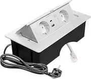 GTV Multisoft Built-in Socket White with 2 x Schuko, USB A+C, RJ45, Retractable with Cover, 1.5 m Cable, Ideal for Desk, Conference Table or Kitchen Worktop