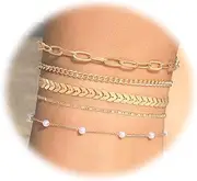 [CHAKRA HEALING REIKI CHR] 5 Pairs Gold/Silver Stacking Anklets Bracelet Sets for Women Stylish Pearl Cuban Chain Multilayer Anklets Layered Stacked Figaro Link Anklet Set Summer Beach Jewelry Adjustable