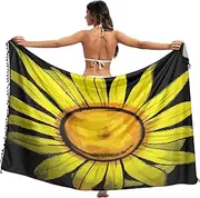[RPLIFE] Yellow Sunflowers Black Bathing Suit Sarong Cover Up, Sarong Beach Cover Up, Beach Sarong Tassel, Women Sarong Long, Yellow Sunflowers Black, Large