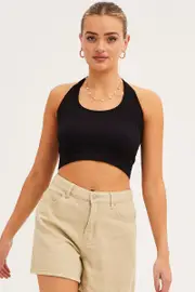 Black Halter Top Round Neck Seamless - Size M, Women's Bralette