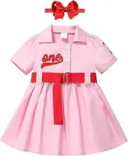 [IMEKIS] Toddler Baby Girls Baseball One Birthday Dress with Headband Short Sleeve Button Dresses Cake Smash Photo Shoot