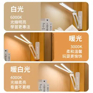 【插電款】LED雙頭折疊護眼檯燈 可調色溫 折疊收納 LED 充插兩用 檯燈 三色調光 雙頭檯燈 (3折)