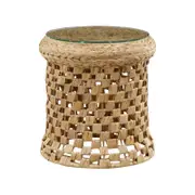 Dahlia Side Table Bedside Round Glass Top 44cm woven