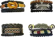 [FASHGOOD] 4 Sets Beads Leather Bracelet for Men Women,Adjustable Cross Feather Knot Viking Bracelet,Cool Woven Leather Wrist Bracelet,Black Brown Wristbands Cuff Bracelets for Men