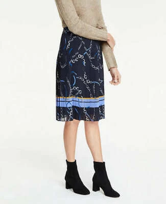 New Ann Taylor Chiffon Navy Blue Chiffon Pleated Ribbon Lined Midi Skirt 6 10 12