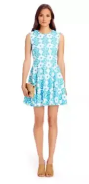 NWT- DVF Jeannie Cotton Fit & Flare Dress, Giant Leaf Floral Blue - Size 10