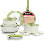 Bakken-Swiss Detachable 15-Piece Cookware Set – Granite Non-Stick – Eco-Friendly – Stackable Removable Handles – for All Stoves & Oven-Safe - Green/Cream Color