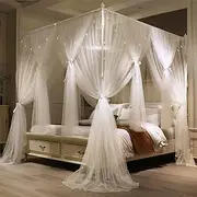 VETHIN 4 Corners Post Princess Bed Canopy Curtain Double Layer Cozy Drape Netting 4 Opening Mosquito Net for Girls & Adults Bedroom Decoration Accessories (Double White, 64" W*82" L*82"*H/(Queen))