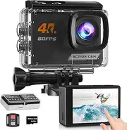 [Yolansin] 4K60FPS Action Camera Touchscreen, 40M Waterproof Underwater Camera with 64G SD Card, 6-Axis Stabilization Motorcycle Camera 8X Zoom with 2.4G Remote Control 2 * 1350 mAh Batteries