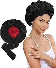 WABUYAO Satin Silk for Sleeping Silk Sleep Cap Double Layer Hair with Elastic Tie Band for Curly Hair Night Cap(Black+red)