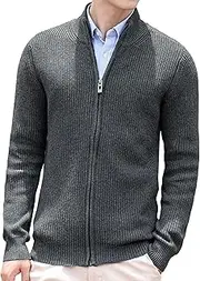 [SWJGLITTR] Men's Stand Collar Sweater Cardigan Full Zip Up Knitted Cardigans Ribbed Knitted Jackets for Men, Dark Grey, 3X-Large