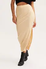Beige Ribbed Split Midi Skirt - Size 14, Women's Maxi Side Split
