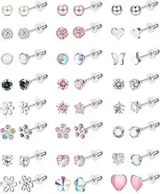 [Kakonia] 24 Pairs Hypoallergenic Screw Back Earrings For Women Girls Surgical Steel Cute CZ Heart Flower Pearl Ball 4mm Tiny Flat Back Screwback Stud Earring Set