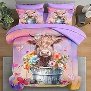 Pamnest Comforter Set Queen Size, Highland Cow Calf 7 Pcs Bedding for Kids and Adults, Colorful Butterfly Flower Purple Bed Sheet Sets with Fitted Sheet 2 Pillowcases & 2 Shams for Bedroom Bed Decor