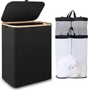 iEGrow Lagre Basket with Wheels, Laundry Hamper with Lid, 150L Clothes Hamper for Laundry with 2 Liner Bags, for Laundry Room, Bedroom, Dormitory Organization,Black