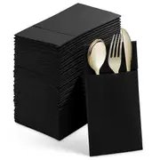 50PCS Dinner Napkins with Built-in Flatware Pocket,Prefolded Cloth Like Paper Napkins for Wedding Black