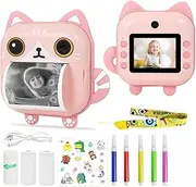 Instant Camera for Kids Mini Thermal Printing Camera No Ink Required 48MP 2400W Pixels 5 Print Paper 2.4 Inch Color Screen Cute Animal Cartoon Design Cat