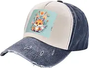 [YANYU] Cute Animal Fox Flowers Print Fashion Washed Distressed Baseball Cap Vintage Adjustable Hat with Classic Brim, Navy Blue, One Size