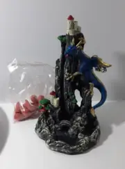 Resin 21cm Blue Dragon Castle Water Fall Theme Cone Mist Incense Burner +10 Cone
