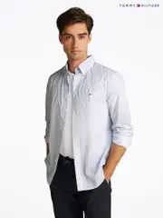 Tommy Hilfiger Chalk White Regular Fit Flex Poplin Stripe 100% Cotton Shirt (F54995) | $196