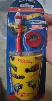 New Kids Red/Yellow Hot Wheels Brush Buddies Toothbrush Set W/ Cap & Cup