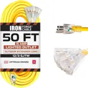 50' Lighted Outdoor Extension Cord - Heavy Duty 12 AWG with 3 Electrical Outlets
