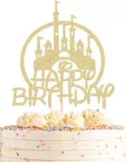 Castle Birthday Cake Topper - Gold Glitter Castle Theme Birthday Party Cake Deco