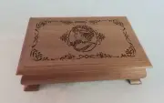 Vintage Lasercraft Wood Jewelry Box Burgundy Velvet Lined Laser Etched Cameo