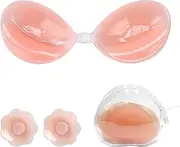 [XCSJ] Silicone Adhesive Bra Backless, Small Chest, Sticky Bra with 2 Nipple Pads, with Storage Bag, Reusable Nipple Cover for Evening Dress, Wedding Dress, Backless