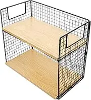 HOLIDYOYO Desktop Storage Shelf with Metal Frame Stylish Organizer Rack for Kitchen Countertop Bathroom Wood Shelf for Cups and Seasoning Storage