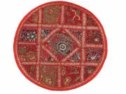 Red Round Lounge Floor Pillow Cover - Sari Patchwork Big Living Room Cushion 26"