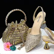 Italian Design Shoe And Bag Set In Attractive Matching Colours - High Quality Handmade Lady Shoes Gold 39