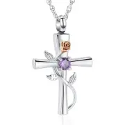 Cross Urn Necklace for Ashes Birthstone Rose Flower Cremation Jewelry for Wom...