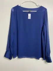 Ann Taylor Womens Blouse Size Medium Long Sleeve Navy Blue Chiffon Lined Top