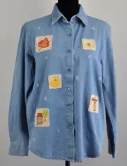 Lemon Grass Studio Women’s M Denim Button Down Long Sleeve Fall Appliqué NWT
