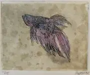 Etching Japanese Fighting Fish Handpainted Signed 11 of 15 Art Drawing Painting