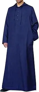 [Generic] Men's Kaftan Robe Ramadan Middle East Linen Thob Stand Collar Long Tunic Shirts with Pocket Islamic Thobe for Men, Blue, Large