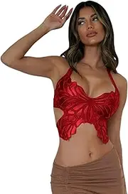[JUMISEE] Women Sparkly Rhinestone Butterfly Crop Top Sexy Satin V Neck Bakless Lace Up Cami Tank Top for Rave Festival