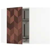 METOD corner wall cabinet with carousel, white Hasslarp/brown patterned, 68x37x60 cm