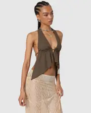 EDIKTED Womens Freda Open Back Chiffon Top OLIVE