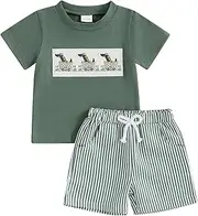 [Afunbaby] Toddler Baby Boy Clothes Summer Shirt Palm Tree Print Top Striped Shorts 2T 3T Cute Boy Animal Clothing Set, Army Green, 3-4 Years