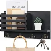 Key Holder for Wall with Shelf Rustic Entryway Mail Organizer Wall Mount with Hooks and Mail Holder 4 Double-Hook Hangers(Black)