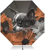 [PDZRMY] Dog Florals Butterfly UV Protection Travel Umbrella Compact for Rain and Sun - Auto Open and Close UPF 50+ Windproof Portable 46” Sun Umbrella for Women and Men