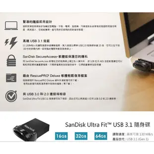 SanDisk 晟碟 CZ430 16/32/64G Ultra Fit USB 3.1高速隨身碟(原廠5年保固)