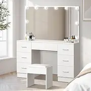 Oikiture Dressing Table with Extra Biggest Mirror 113cm Makeup Mirror Vanity Desk with 7 Storage Drawers and Stool White