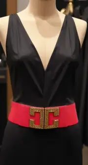 Women Red Elastic Wide Waistband Fashion Belt Hip Waist Gold Metal C Buckle S M