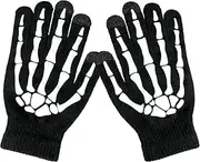 [Lousye] Luminous Halloween Costume Skull Gloves,Thickened Skeleton Gloves with Touch Screen,Stretch Knit Winter Warm Novelty Gloves, Black, Standard