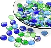 HAIOPS Flat Glass Marbles 1lb, Mixed Color Blue Green Glass Beads Stone for Floral Arrangements Vases Flat Bottom Gems Aquarium Pebbles Vase Filler Decor