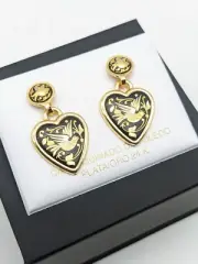 Vintage Damascene Spanish heart shape drop earrings Spain 24K Gold & Steel -Bird
