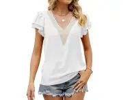 Women Lace Deep V Neck Blouse Ruffle Sleeve Casual Loose Fitting Elegant T Shirt For Summer White S